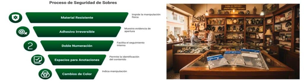 Infografía de los sobres de seguridad para casas de empeño.